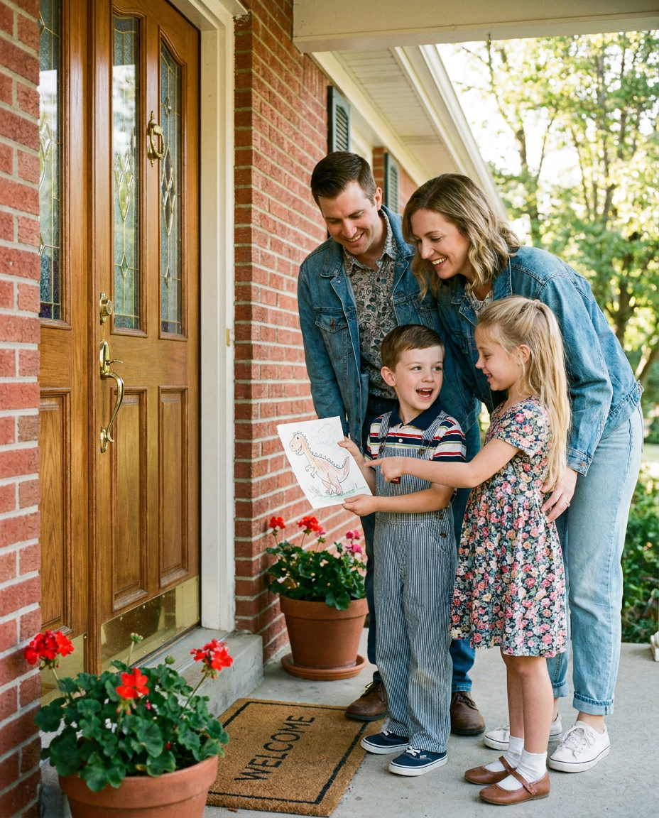 A mature couple at their 90s ventage brick home front door and Travis & Emily as elementary school age children with their parents standing relatively close behind them showing the couple something.